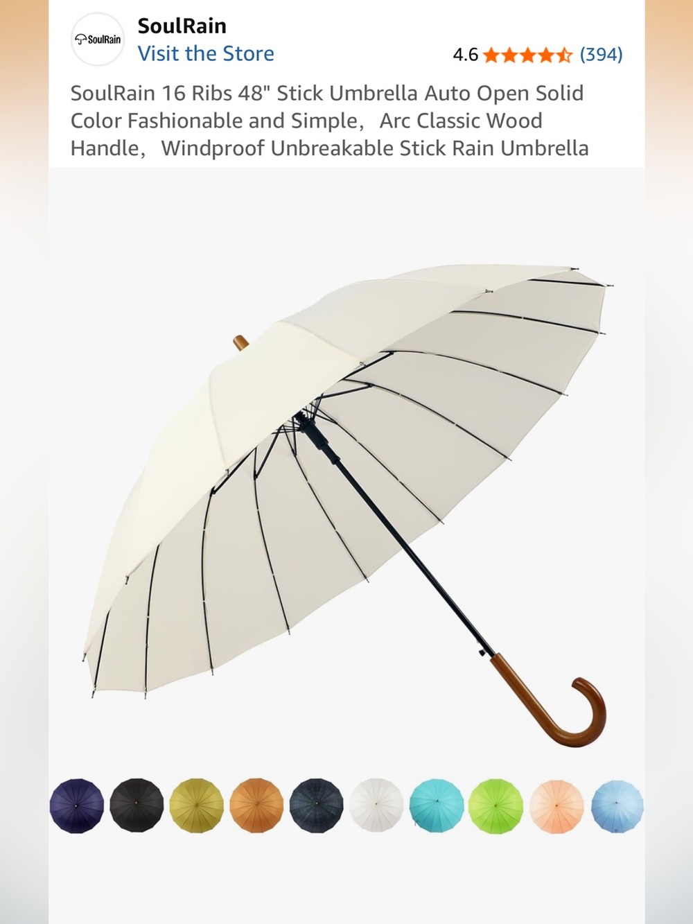 Classic Cream Stick Umbrella with Wood Handle